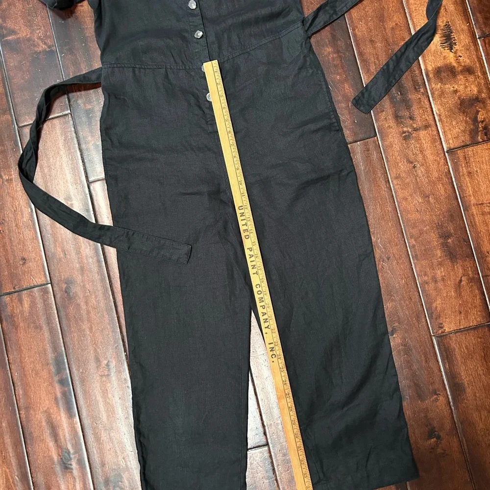 Everlane Black Linen Button-Front Short Sleeve Jumpsuit with Tie Waist